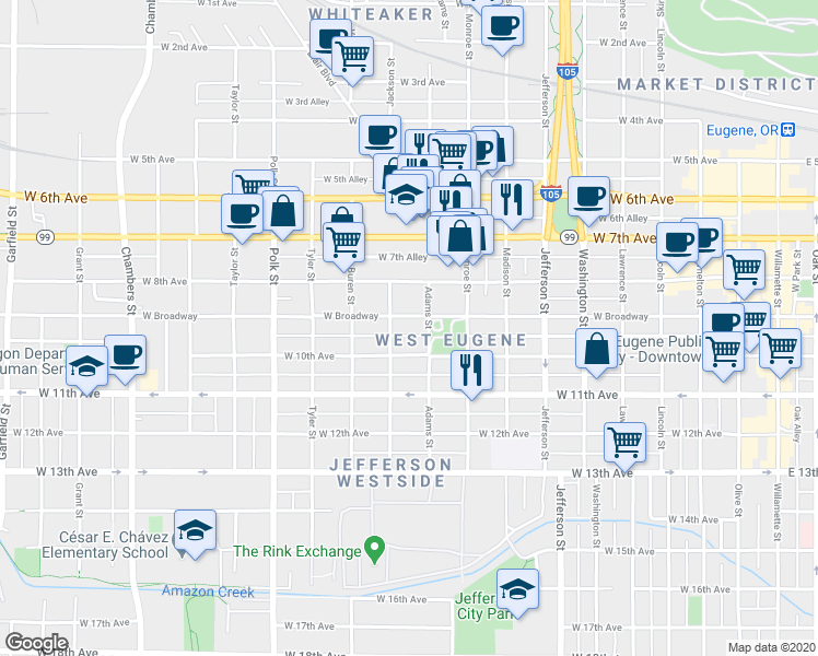 map of restaurants, bars, coffee shops, grocery stores, and more near 909 West 10th Avenue in Eugene