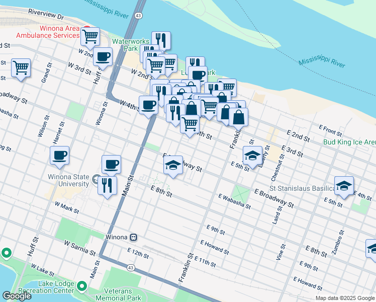 map of restaurants, bars, coffee shops, grocery stores, and more near 276 Walnut Street in Winona