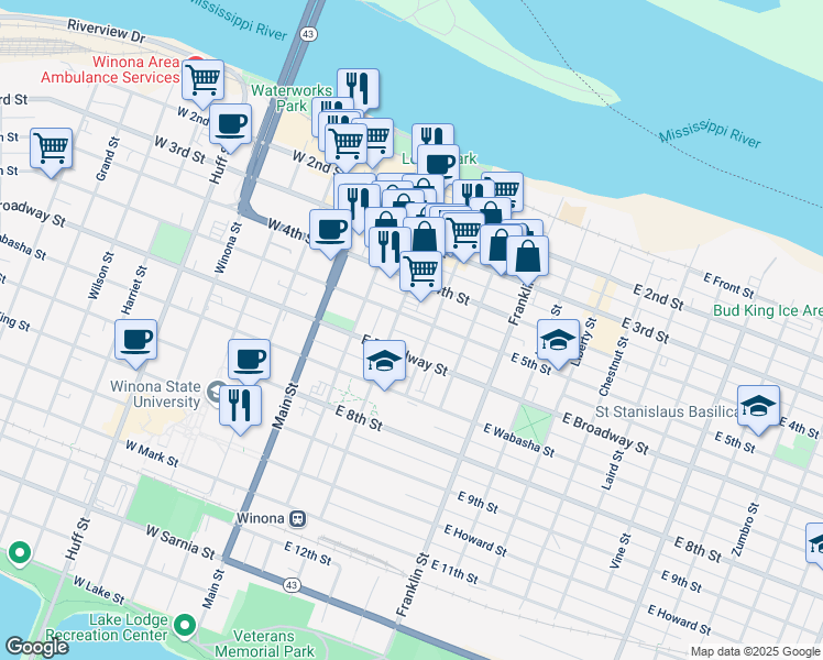 map of restaurants, bars, coffee shops, grocery stores, and more near 276 Walnut Street in Winona