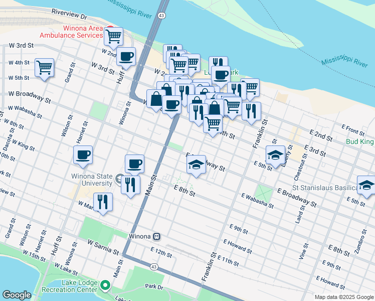 map of restaurants, bars, coffee shops, grocery stores, and more near 306 Center Street in Winona