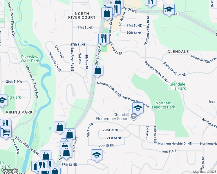 map of restaurants, bars, coffee shops, grocery stores, and more near 2415 Northern Hills Court Northeast in Rochester