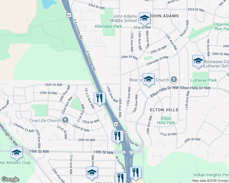 map of restaurants, bars, coffee shops, grocery stores, and more near in Rochester