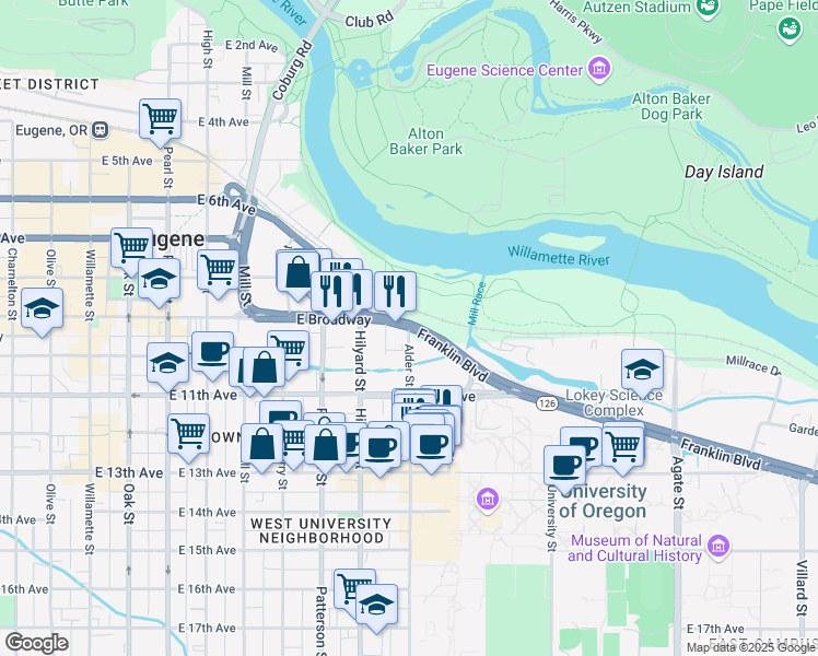 map of restaurants, bars, coffee shops, grocery stores, and more near 900 Alder Street in Eugene