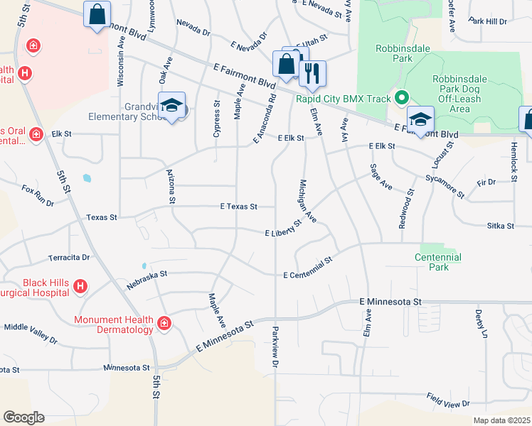 map of restaurants, bars, coffee shops, grocery stores, and more near 3707-3799 Parkview Drive in Rapid City