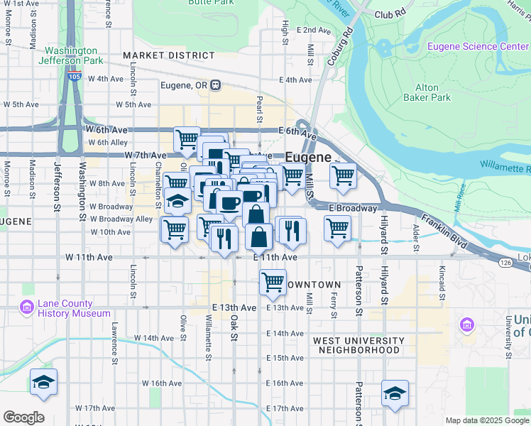 map of restaurants, bars, coffee shops, grocery stores, and more near 222 East Broadway in Eugene