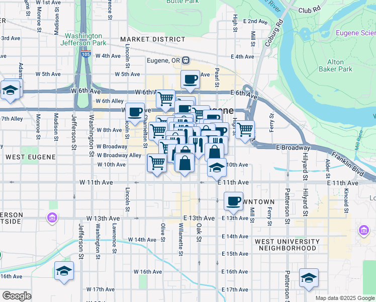 map of restaurants, bars, coffee shops, grocery stores, and more near 966 Oak Street in Eugene