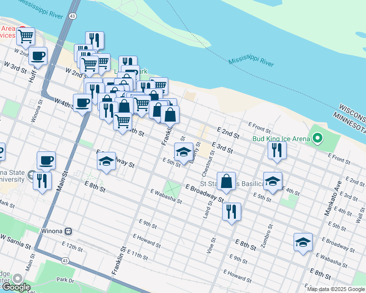 map of restaurants, bars, coffee shops, grocery stores, and more near 304 East 4th Street in Winona