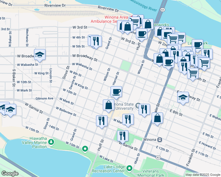 map of restaurants, bars, coffee shops, grocery stores, and more near 322 West King Street in Winona