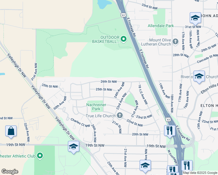 map of restaurants, bars, coffee shops, grocery stores, and more near 2429 25th Street Northwest in Rochester