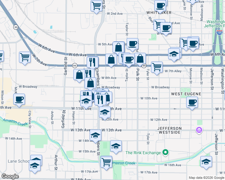 map of restaurants, bars, coffee shops, grocery stores, and more near 1493 West 10th Avenue in Eugene