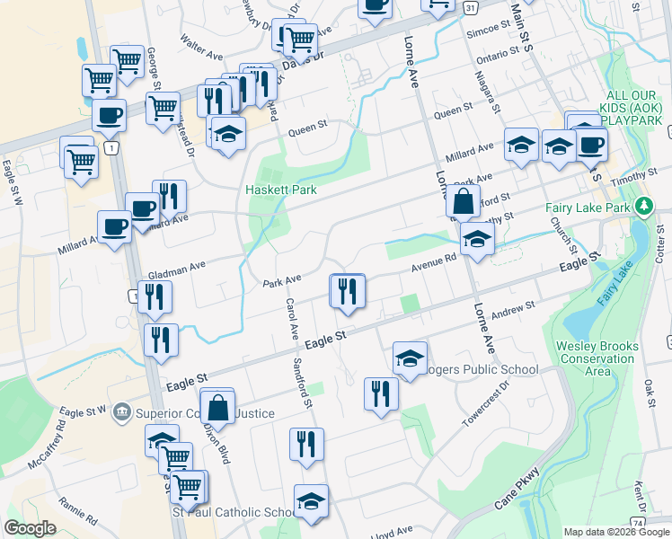 map of restaurants, bars, coffee shops, grocery stores, and more near 206 Richard Avenue in Newmarket