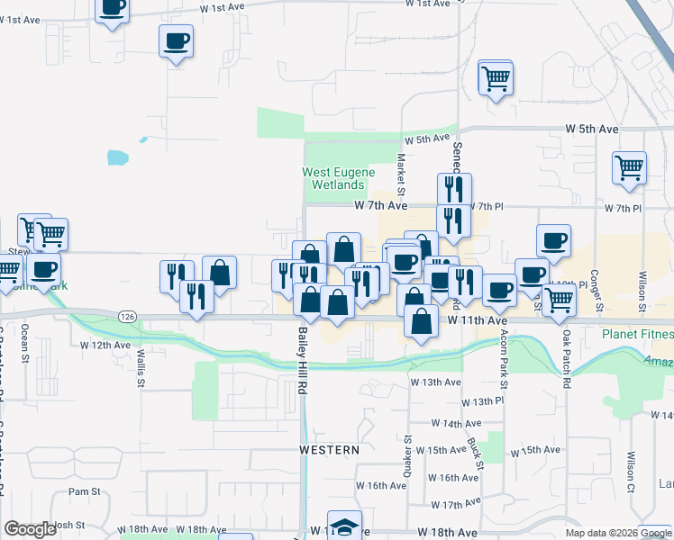 map of restaurants, bars, coffee shops, grocery stores, and more near 1055 Bailey Hill Rd in Eugene