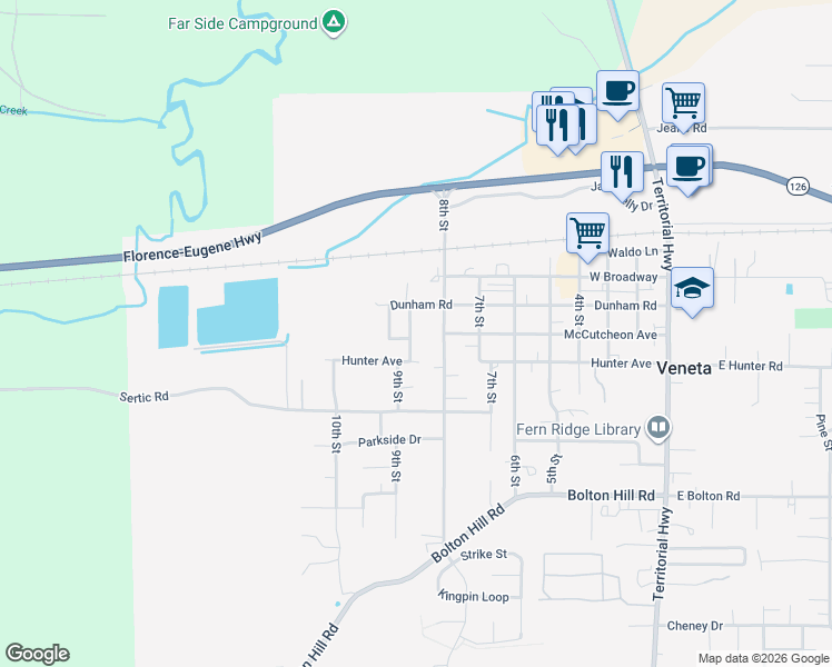 map of restaurants, bars, coffee shops, grocery stores, and more near 88123 9th Street in Veneta
