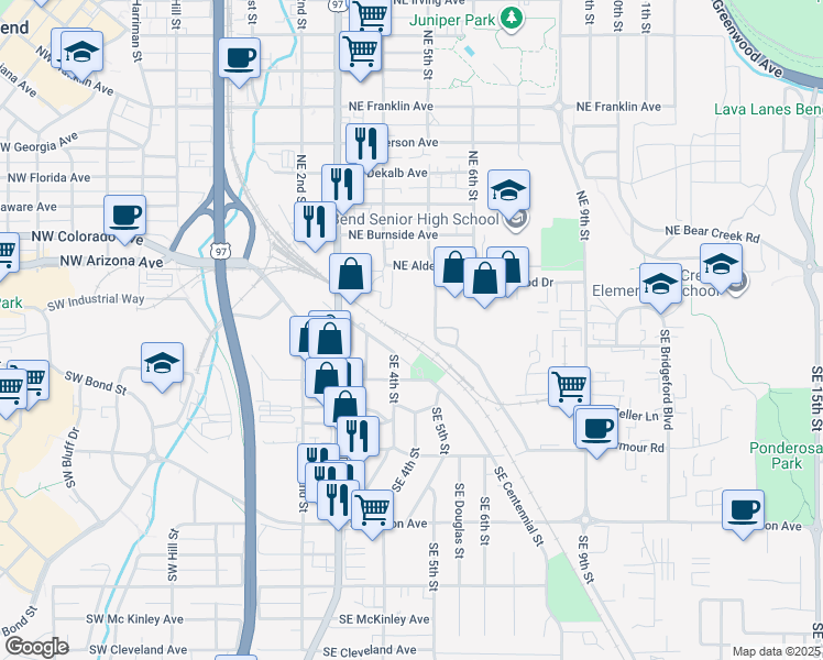 map of restaurants, bars, coffee shops, grocery stores, and more near 478 Southeast Centennial Street in Bend