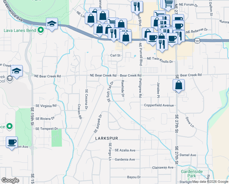 map of restaurants, bars, coffee shops, grocery stores, and more near 2238 Southeast Wind Rider Lane in Bend