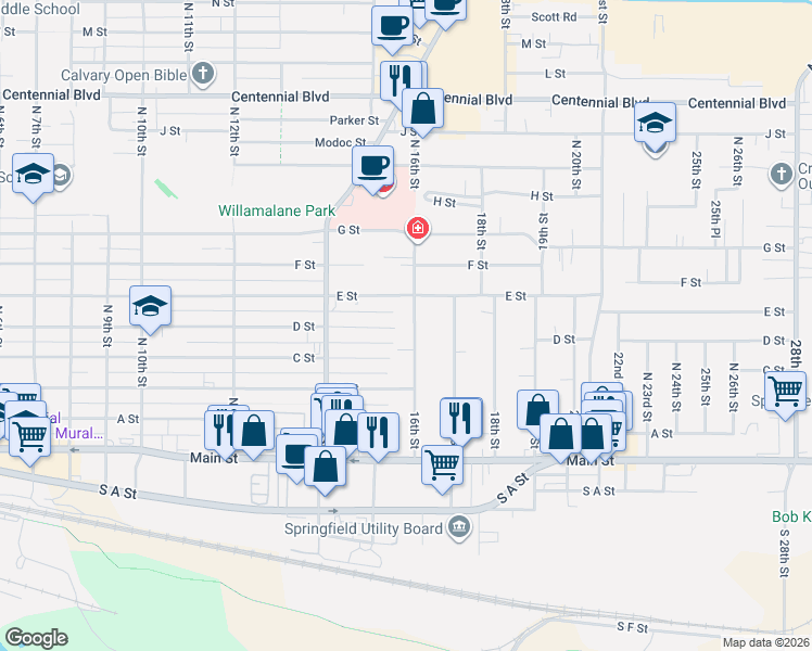map of restaurants, bars, coffee shops, grocery stores, and more near 415 16th Street in Springfield