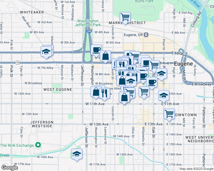 map of restaurants, bars, coffee shops, grocery stores, and more near 303 West 10th Avenue in Eugene
