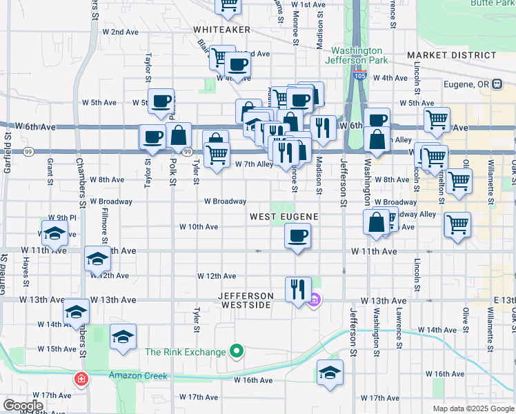 map of restaurants, bars, coffee shops, grocery stores, and more near 909 West 10th Avenue in Eugene