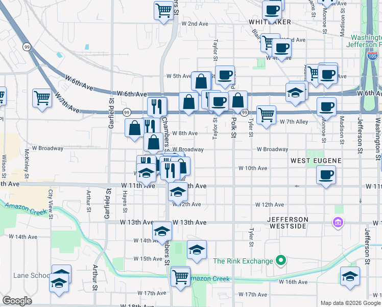 map of restaurants, bars, coffee shops, grocery stores, and more near 1493 West 10th Avenue in Eugene