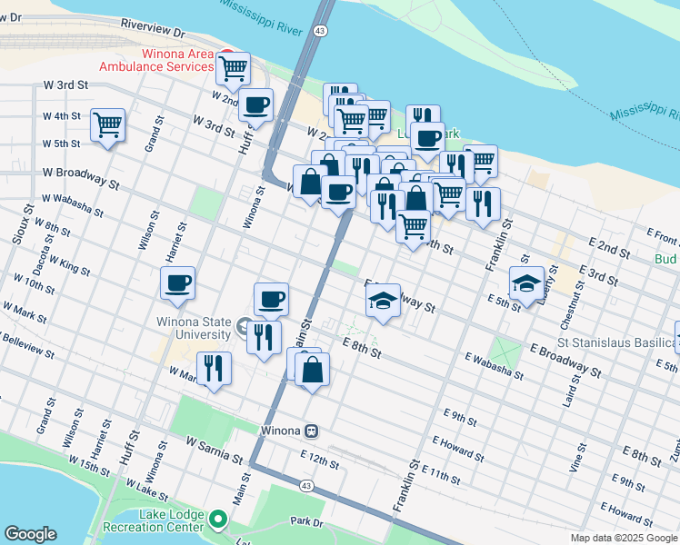 map of restaurants, bars, coffee shops, grocery stores, and more near 328 Main Street in Winona
