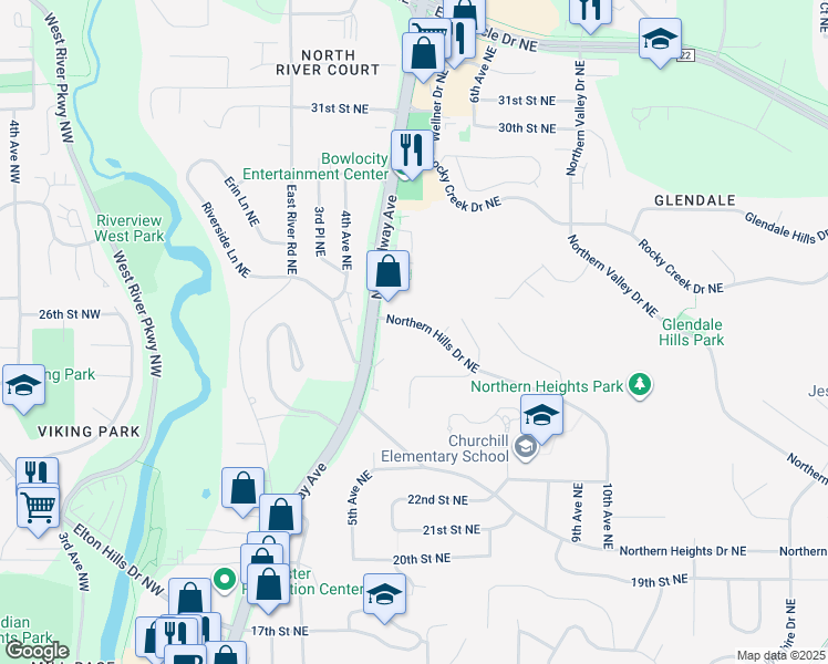 map of restaurants, bars, coffee shops, grocery stores, and more near 2415 Northern Hills Court Northeast in Rochester