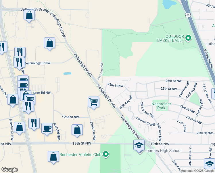map of restaurants, bars, coffee shops, grocery stores, and more near 2300 32nd Avenue Northwest in Rochester
