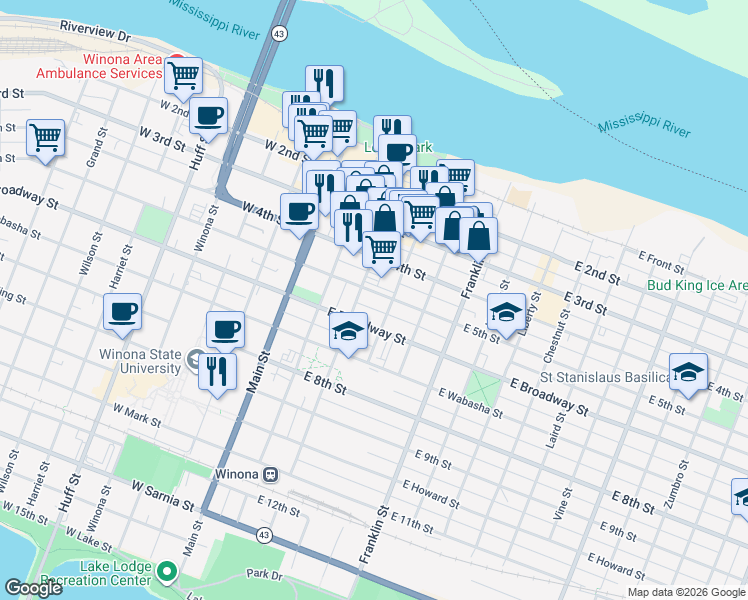 map of restaurants, bars, coffee shops, grocery stores, and more near 115 East 5th Street in Winona
