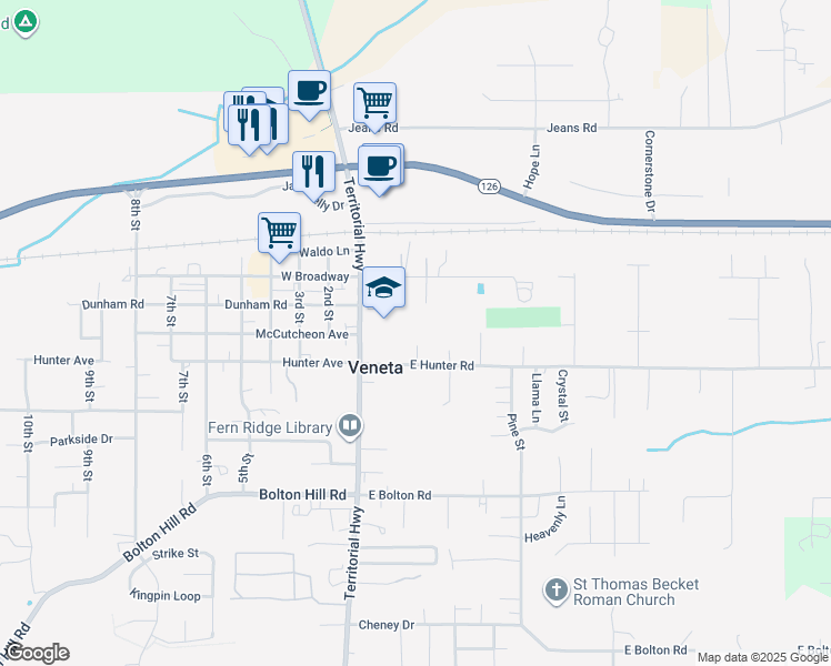 map of restaurants, bars, coffee shops, grocery stores, and more near 88131 Territorial Highway in Veneta