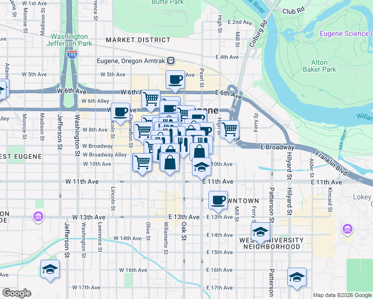 map of restaurants, bars, coffee shops, grocery stores, and more near 966 Oak Street in Eugene