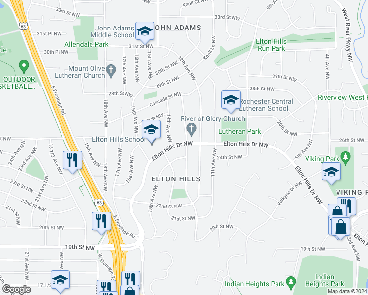 map of restaurants, bars, coffee shops, grocery stores, and more near 1308 Elton Hills Drive Northwest in Rochester