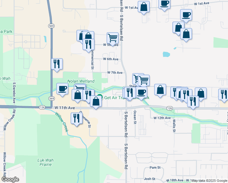 map of restaurants, bars, coffee shops, grocery stores, and more near 1070 South Bertelsen Road in Eugene
