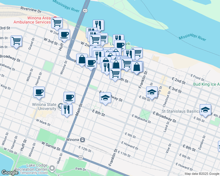 map of restaurants, bars, coffee shops, grocery stores, and more near 103 East 5th Street in Winona