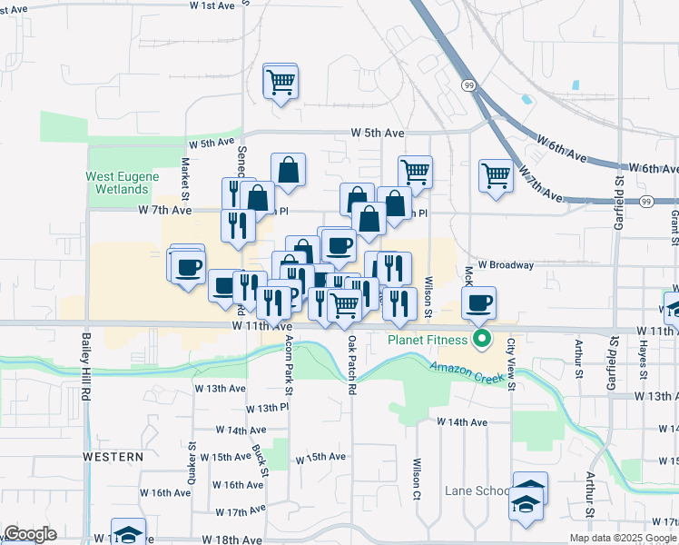map of restaurants, bars, coffee shops, grocery stores, and more near 700-950 Tyinn Street in Eugene