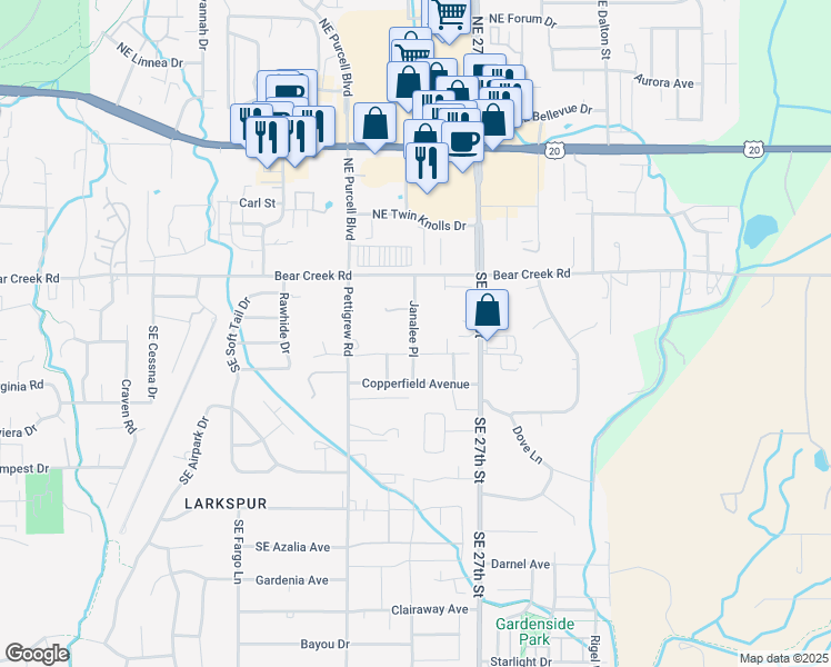 map of restaurants, bars, coffee shops, grocery stores, and more near 61938 Janalee Place in Bend