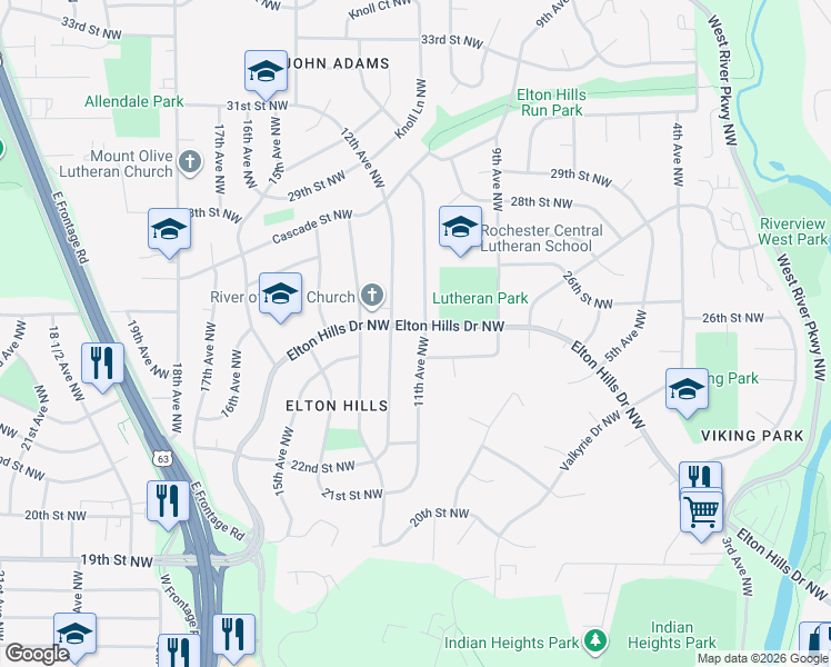 map of restaurants, bars, coffee shops, grocery stores, and more near 2515 11th Avenue Northwest in Rochester