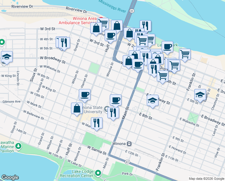 map of restaurants, bars, coffee shops, grocery stores, and more near 207 West Broadway Street in Winona