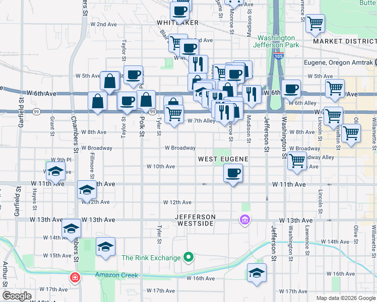 map of restaurants, bars, coffee shops, grocery stores, and more near 1034 West Broadway in Eugene
