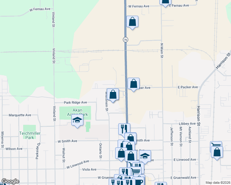 map of restaurants, bars, coffee shops, grocery stores, and more near 600 West Packer Avenue in Oshkosh