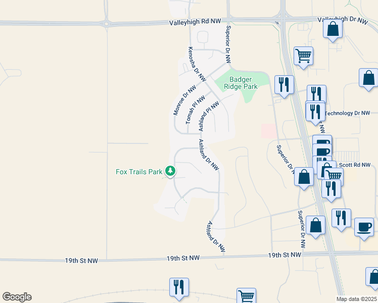 map of restaurants, bars, coffee shops, grocery stores, and more near 2571 Heartland Drive Northwest in Rochester
