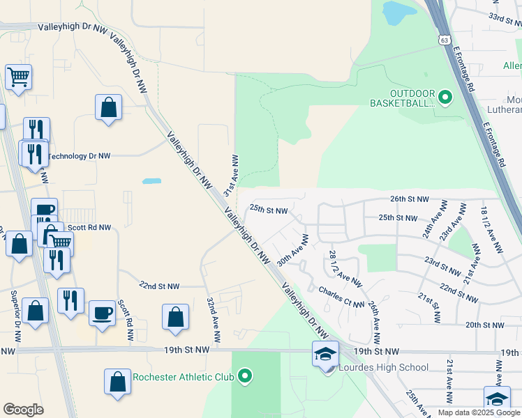 map of restaurants, bars, coffee shops, grocery stores, and more near 3066 25th Street Northwest in Rochester