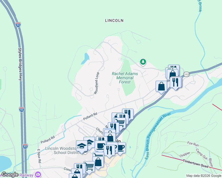 map of restaurants, bars, coffee shops, grocery stores, and more near 45 Forest Drive in Lincoln