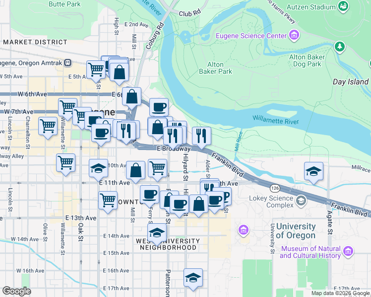 map of restaurants, bars, coffee shops, grocery stores, and more near 1099 Hilyard Street in Eugene