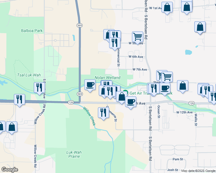 map of restaurants, bars, coffee shops, grocery stores, and more near Fern Ridge Trail in Eugene