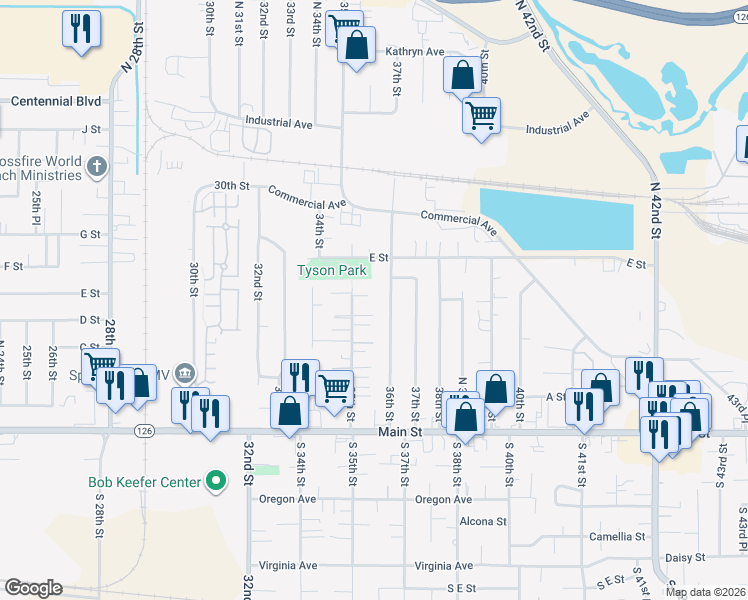map of restaurants, bars, coffee shops, grocery stores, and more near 571 35th Street in Springfield