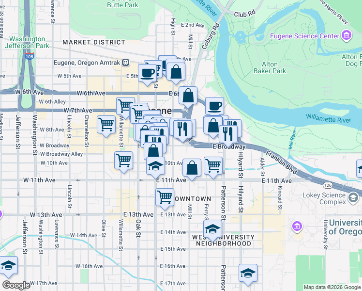 map of restaurants, bars, coffee shops, grocery stores, and more near 339 East Broadway in Eugene