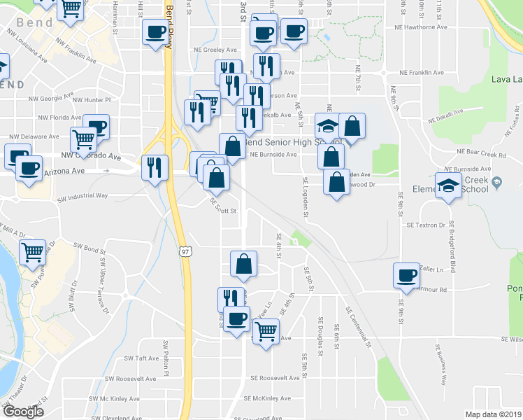 map of restaurants, bars, coffee shops, grocery stores, and more near 310 Southeast Railroad Street in Bend