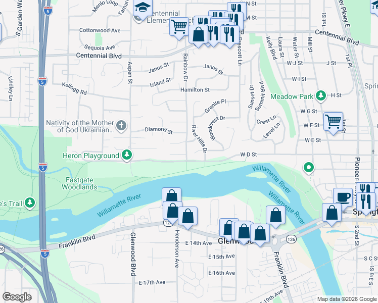 map of restaurants, bars, coffee shops, grocery stores, and more near 797 Raintree Way in Springfield