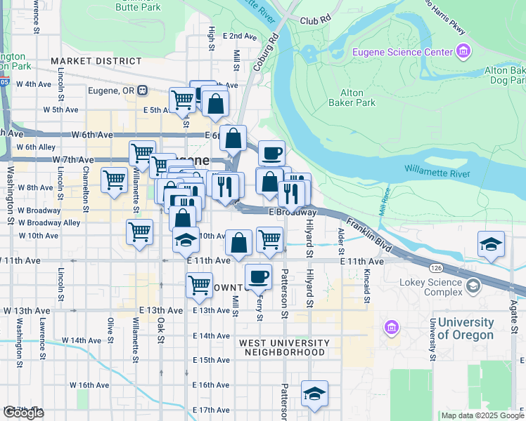 map of restaurants, bars, coffee shops, grocery stores, and more near 840 Ferry Street in Eugene