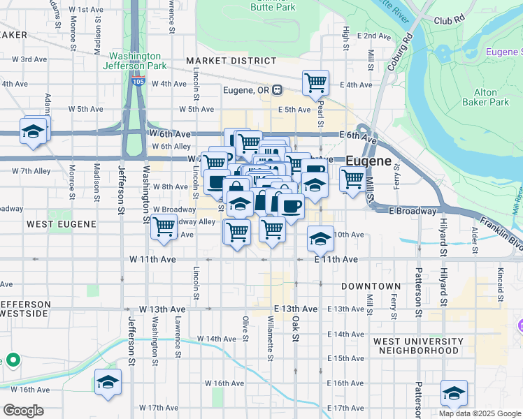 map of restaurants, bars, coffee shops, grocery stores, and more near 830 Willamette Street in Eugene