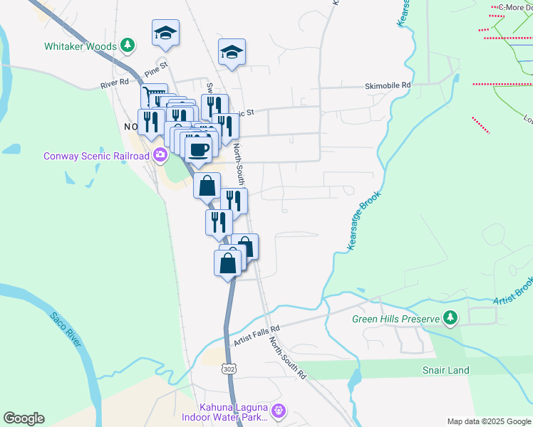 map of restaurants, bars, coffee shops, grocery stores, and more near 83 Grove Street in Conway